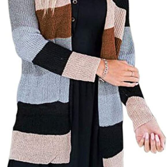 Women's Neutral Striped Long-Sleeve Open-Front Knit Cardigan Size Large - Picture 8 of 10